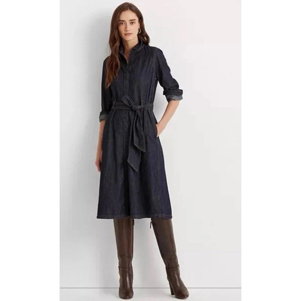 Lauren Ralph Lauren Women's XL Dark Rinse Denim Belted Midi Dress NWT $148